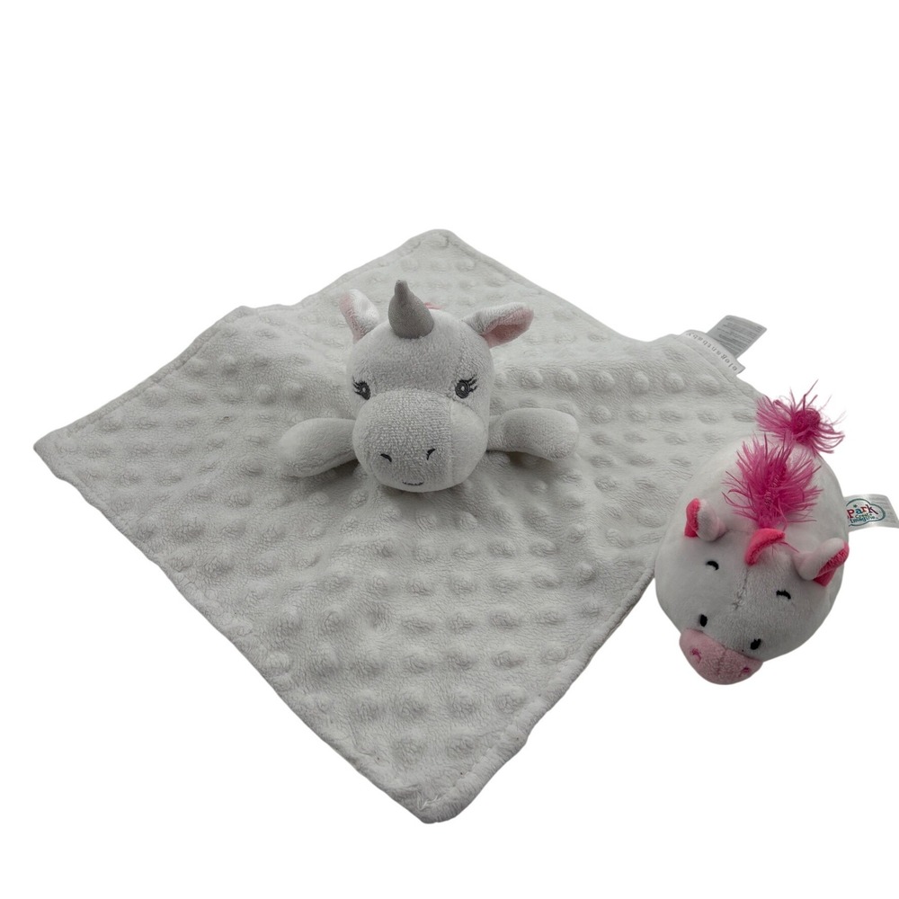 Elegant Baby Unicorn Security Blanket Lovey White Gray Minky Dot 11x11 & Rattle